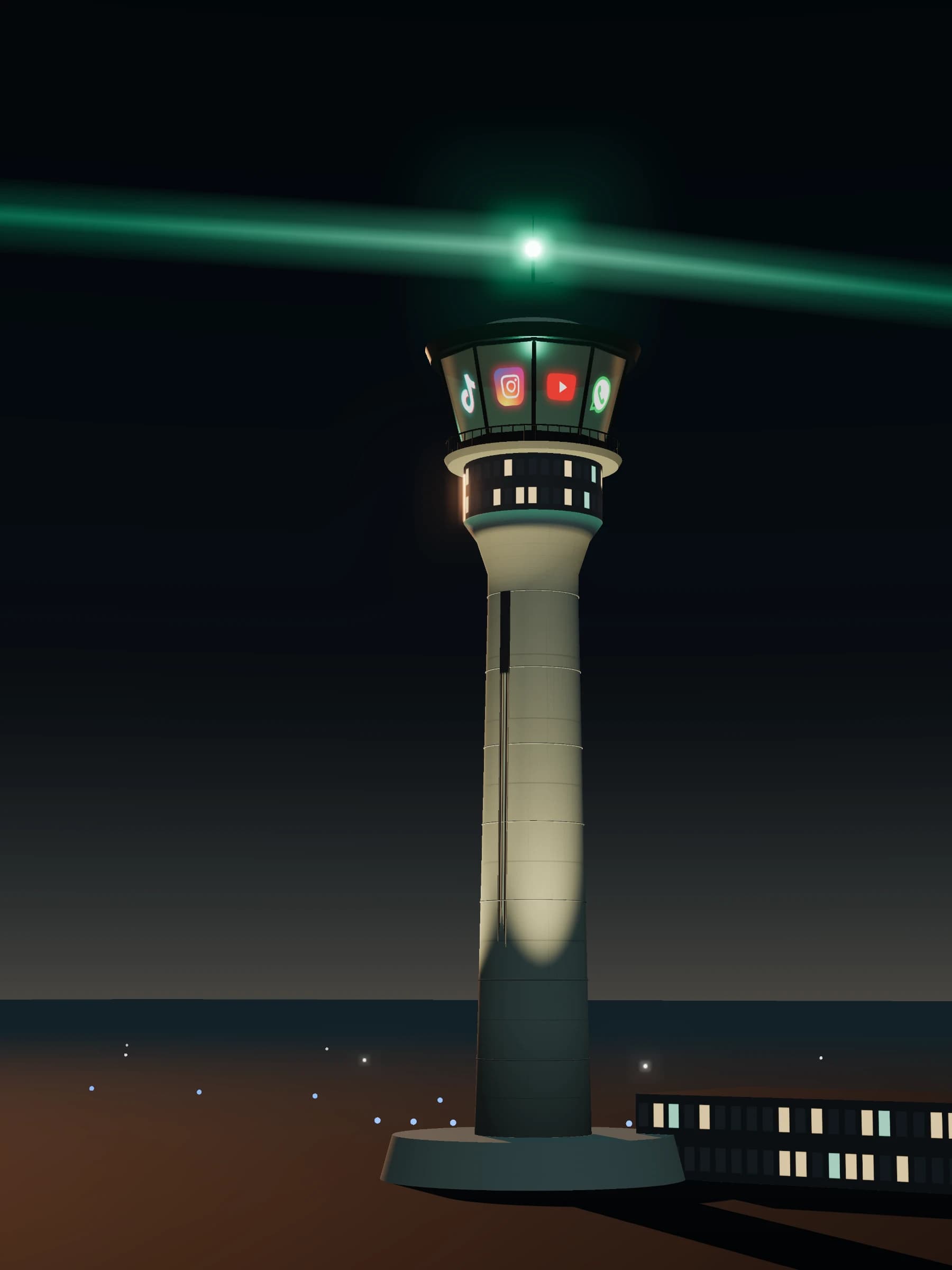 Torre de controle ao entardecer, com os logos das redes sociais no vidro da cabine e o farol verde aceso